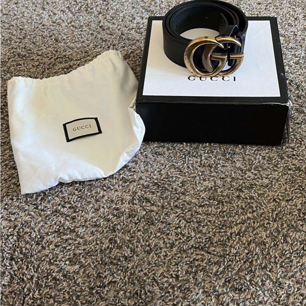 Gucci Marmont Black Leather Belt with Gold Double G Buckle